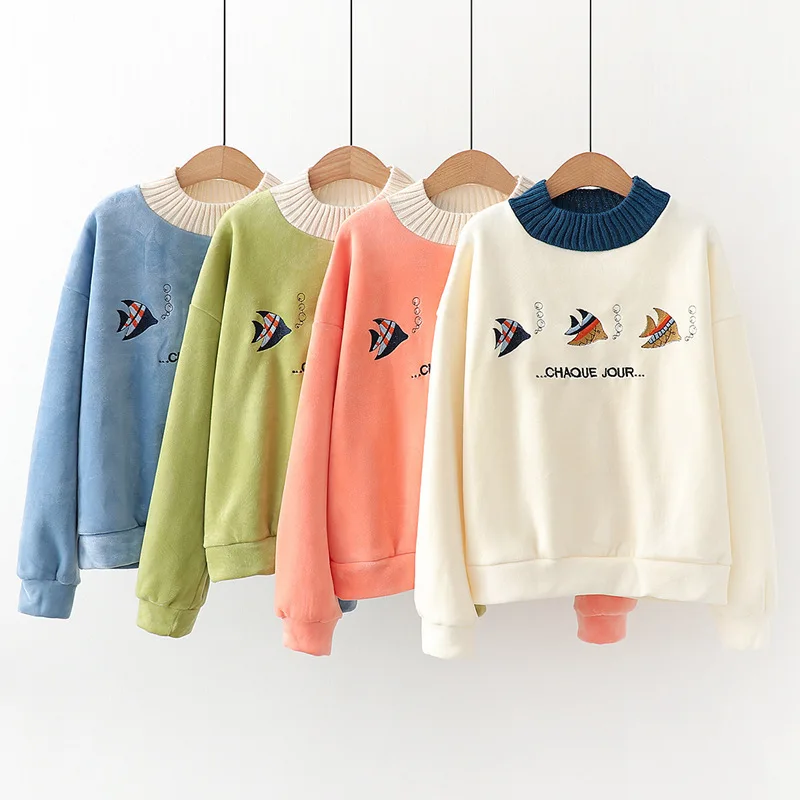 VEVEFHUANG Autumn Winter New Loose Velvet Hoodies Women Fish Embroidery Sweatshirts Female O-Neck Long Sleeve Warm Pullovers