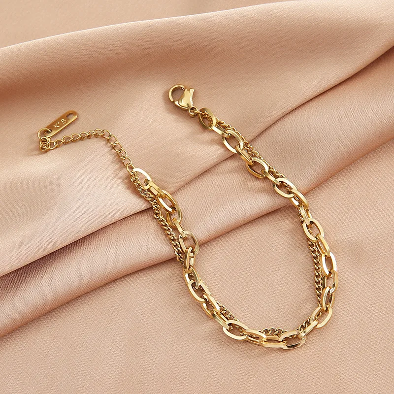 New Double-Layer Stainless Steel Link Chain Bracelet Metal Plated Charm Bracelet for Women Party Girls Gift stainless steel bracelet charm bracelet