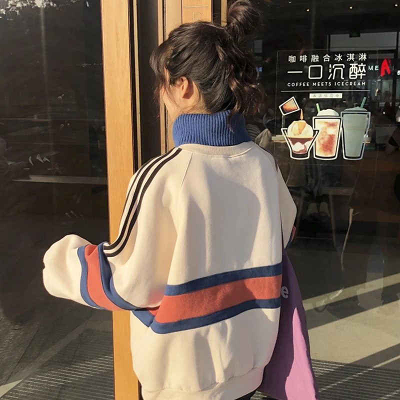 Aulead, новинка, женский свитер, Harajuku, толстовка, тренд, толстый, половина, высокий воротник, Ins, бархат, поддельные два, свободная куртка, зима, 50c