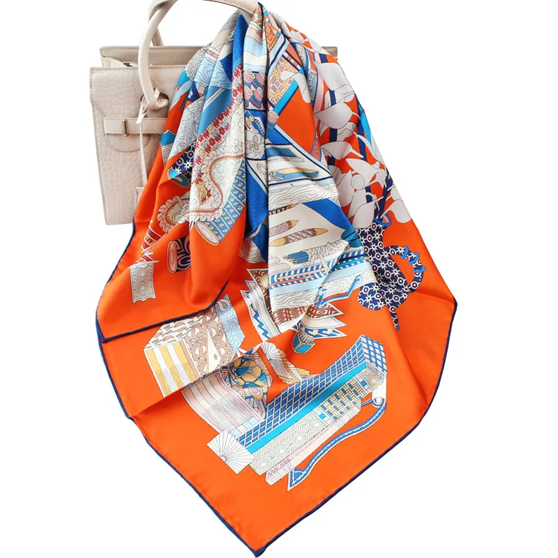 

Luxury 100% Twill Silk Scarf Women Fashion Square Kerchief Bandana Toolbox & Flower Print Head Neck Shawl Hijab 90*90cm