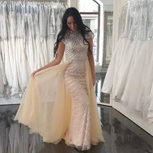 Роскошные Дубай бисерные Вечерние платья Длинные последний дизайн шампанского Сексуальная О-образным вырезом без рукавов женское вечернее платье Русалка платья