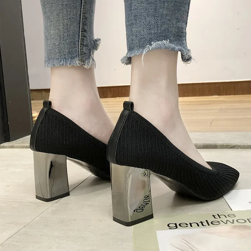 

New Style Chunky-Heel Square Head Low-Cut Fly Woven Shoes Women's Retro Low Top High Heel Shoes Breathable Versatile WOMEN'S Sho