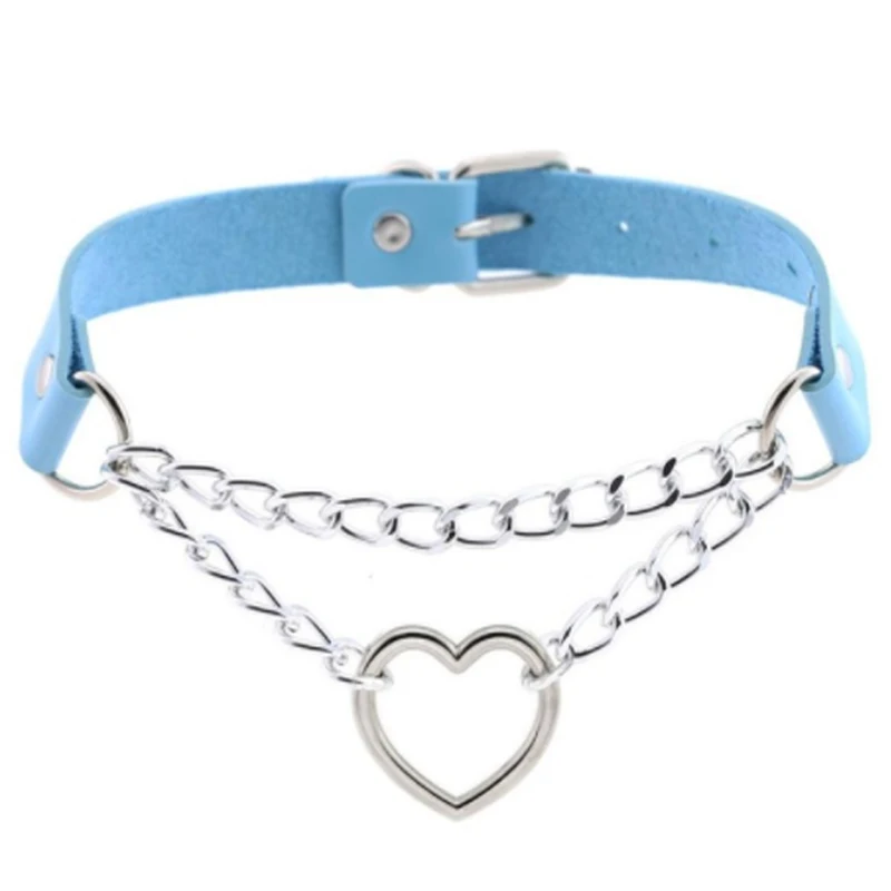 Light blue Темный готический сердечный чокер, воротник harajuku для женщин и девочек, черный кожаный чокер, эмо кавайные ювелирные изделия с изображением ведьмы, Панк чокер - Окраска металла: Light blue