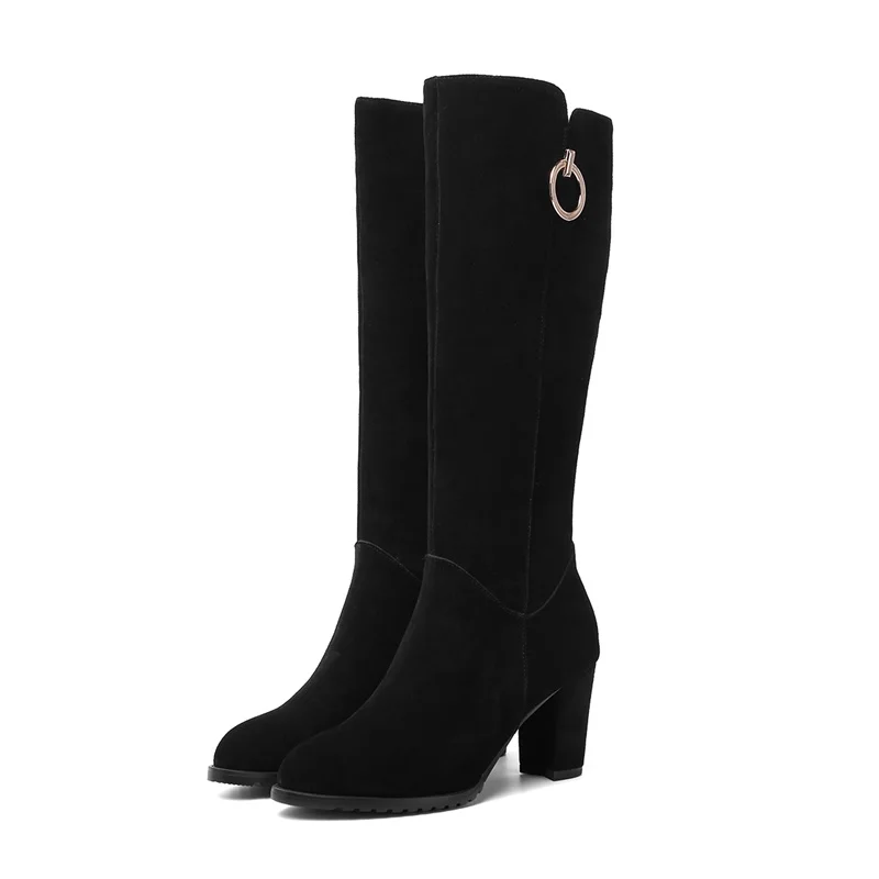 black EGONERY hot sale knee high boots winter outside high heels round toe zip cow suede metal decortaion women shoes drop shipping - Цвет: black