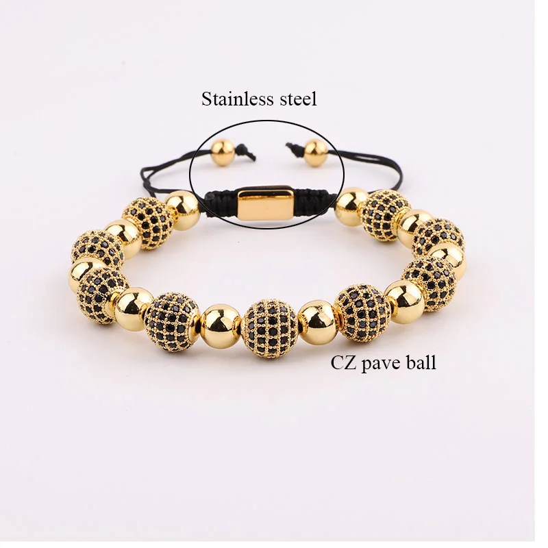 Luxury 10mm Black CZ Pave Ball Charm Macrame Adjustable Bracelet Men Jewelry Gift