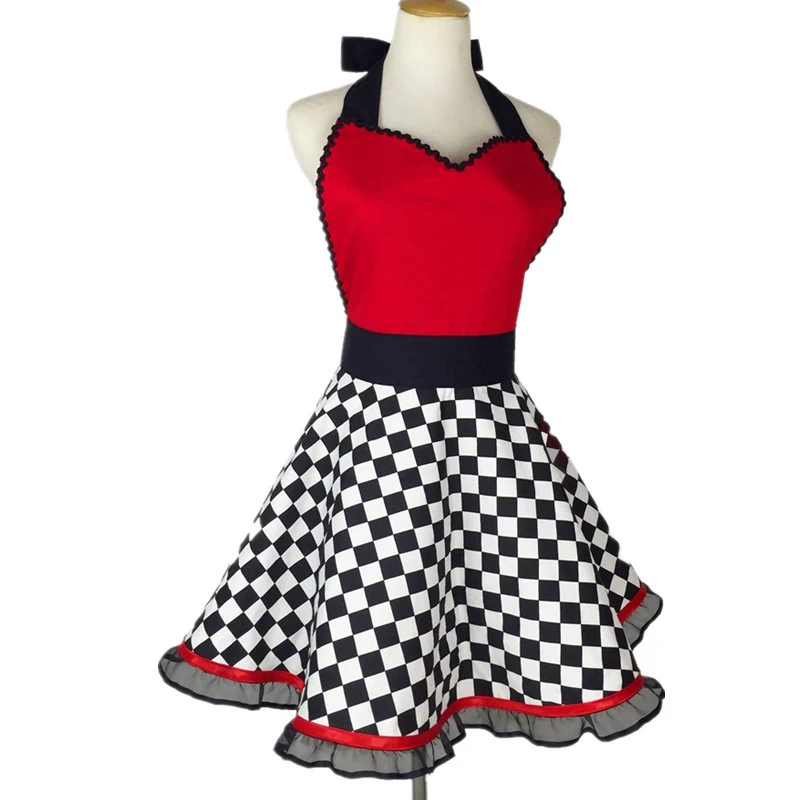 

3pcs Apron Home Cleaning Kitchen Hotel Restaurant Waiter Maid Cotton Black And White Plaid Chiffon Lace Aprons For Wom
