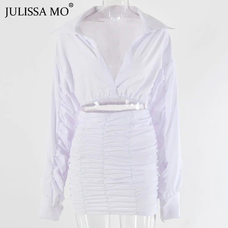 Julissa mo комплект из двух предметов с рюшами облегающее зимнее платье сексуальный v-образный топ и мини юбки модное эластичное рождественское платье спортивный костюм для женщин - Цвет: Белый
