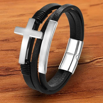 

Trendy Designer Punk Magnetic Black Genuine Leather Men Bracelet Cross Jesus Hand Jewelry Wholesale Accessories Rope