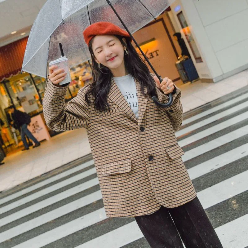 

Photo Shoot Retro CHIC Thousands of Birds Camel Woolen Cloth Small Suit Women's Loose Straight Short Woolen Jacket Autumn And Wi