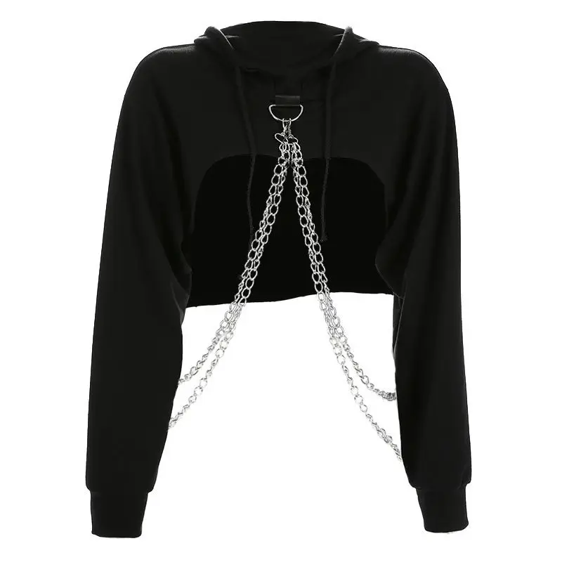 Black Cropped Hoodie Women Loose Chain Patchwork Pullover Sweatshirt Fashion Streetwear Sweat Femme