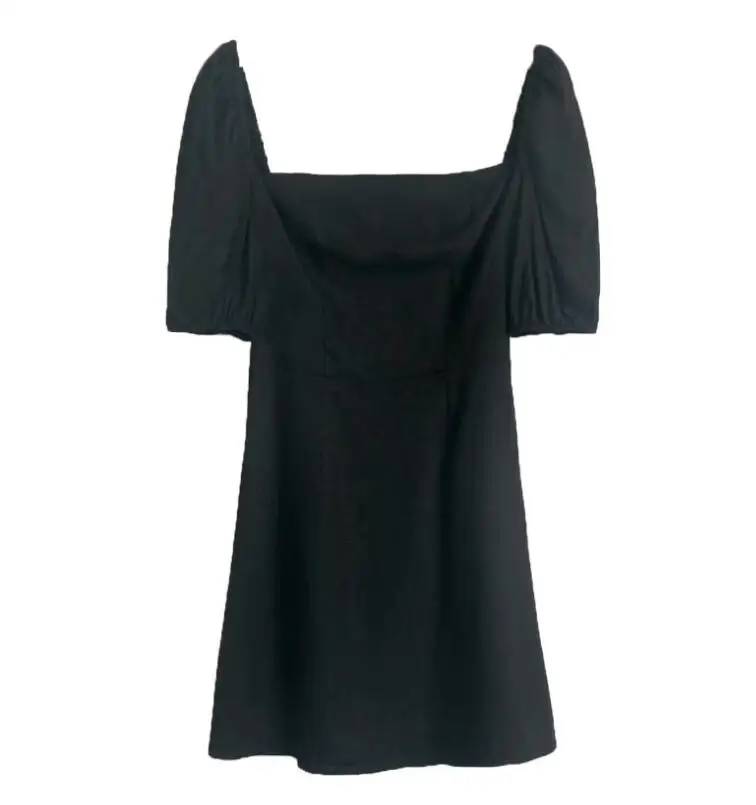 Black Cotton Square Neckline Short Puff Sleevea-line Mini Dress