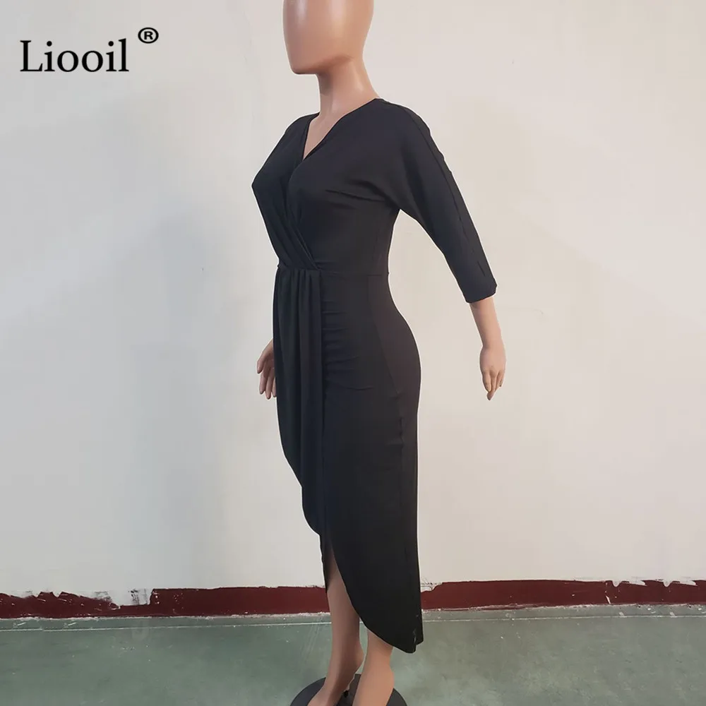 Liooil, сексуальное, с рюшами, облегающее, миди платье, женское, семь четверти, рукав, v-образный вырез, черный, белый, неровный подол, обтягивающее, для ночного клуба, вечерние платья