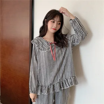 

pink black full cotton plaid pajamas set peter pan collar cute spring autumn home clothes 2 piece set sleepwear female Y251