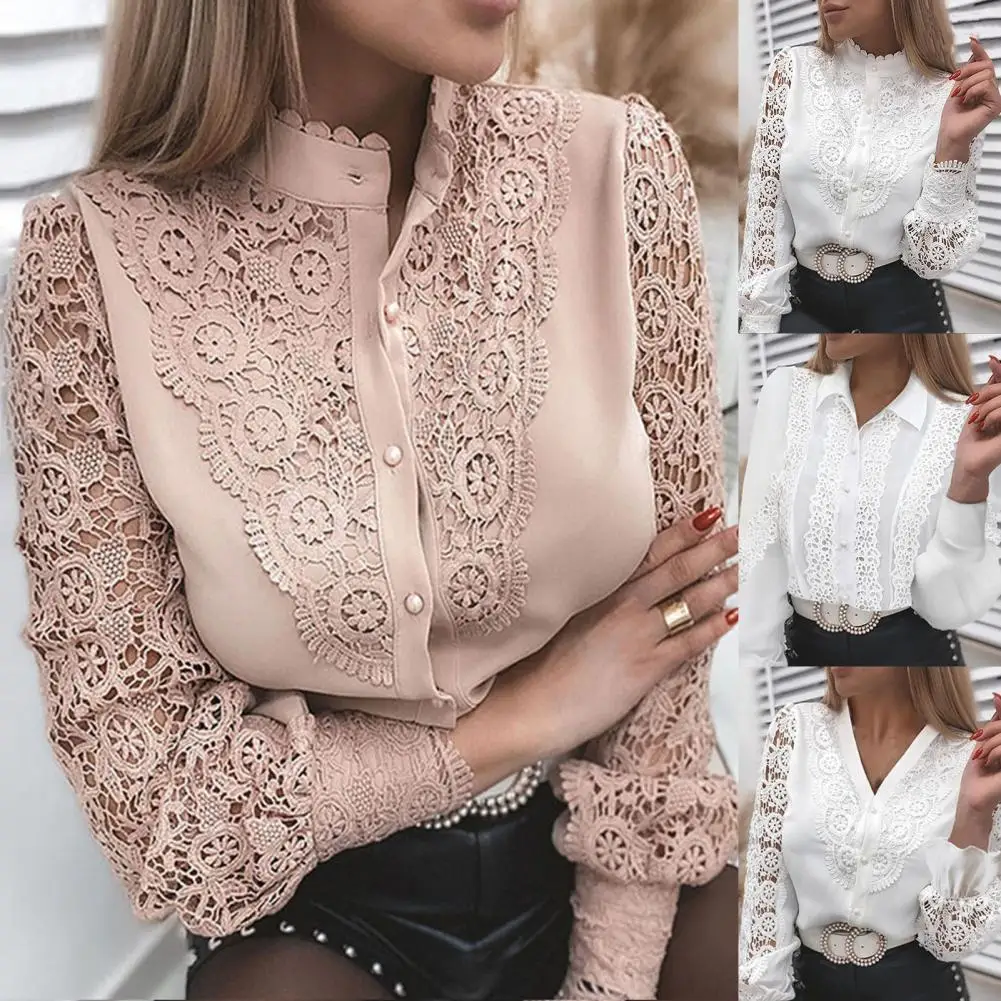 

Women Sexy Lace Patchwork Hollow Out Shirt Blouse Long Sleeve O-Neck Mesh Design Tops 2022 Spring White Vintage Button Shirt Hot