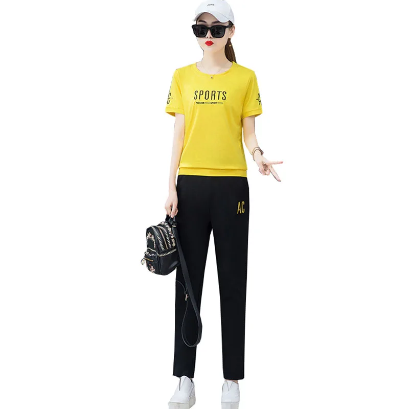 

Women Summer Outfit New 2 Pieces Set Tracksuit Casual Cotton Letter Tshirts + Striped Ankle-Length Pants Female Sweat Suit FC008