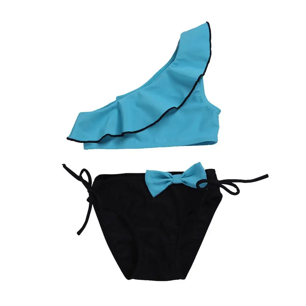 Полиэфирный однотонный летний детский купальник без рукавов с оборками и принтом для девочек, купальник с бантиком, купальный костюм, Прямая