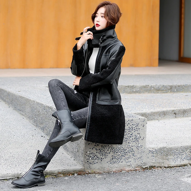 Winter Women Sheepskin Long Coats Thick Eco-leather Lambskin Wool Fur Big Pockets Jackets Splicing Black Motorcycle Outwear Hot