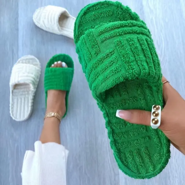 Luxury Brand Peep Toe Thick Sole Women Slippers Green Corduroy Flat Outwear Ladies Slides Summer Autumn Runway Flip Flops Women green