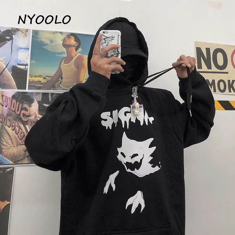 NYOOLO Харадзюку с принтом уличных монстров, свободные бархатные теплые толстовки, осенне-зимний пуловер, толстовка с капюшоном для женщин и мужчин