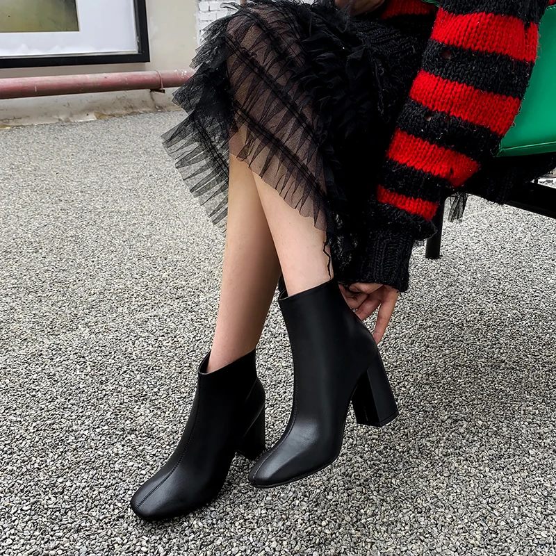 QUTAA PU Leather Ankle Boots Super Square High Heel Women Shoes Zipper Autumn Pointed Toe Motorcycle Casual Big Size 34-43