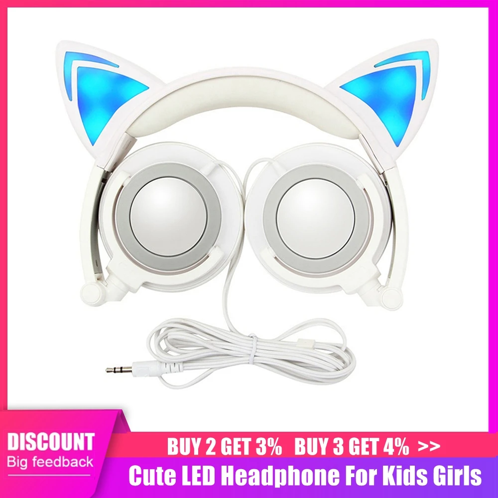СВЕТОДИОДНЫЕ светящиеся кошачьи наушники детские игровые стерео 3 5 мм разъем