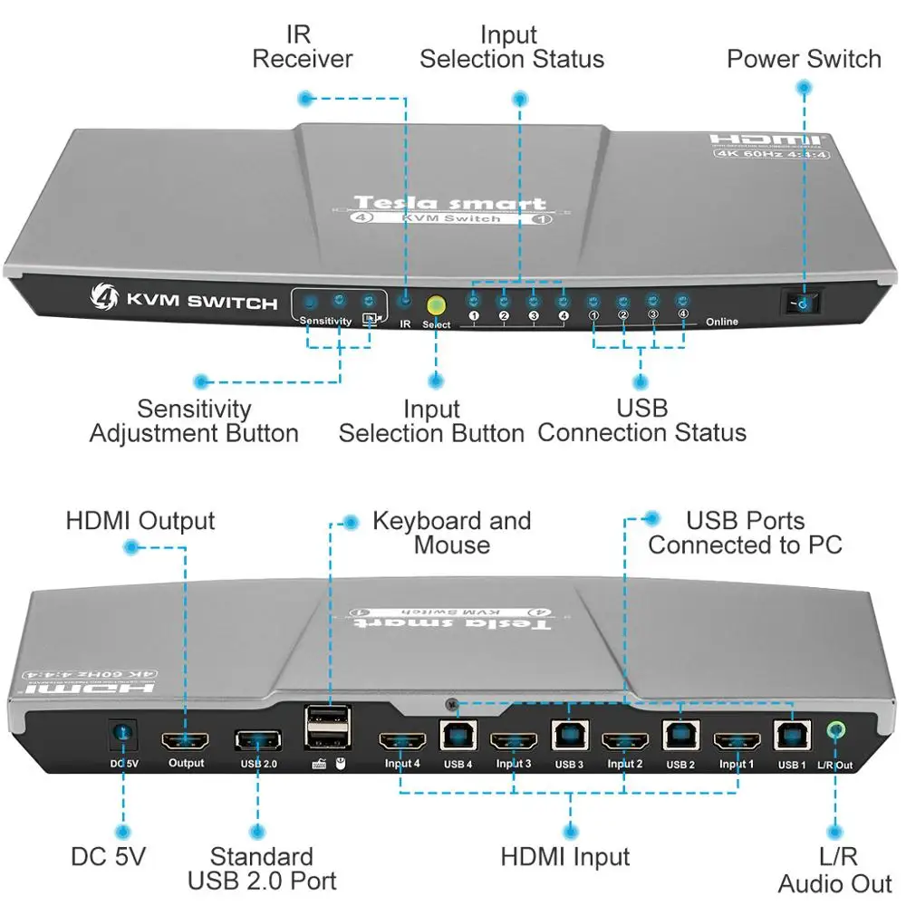  Tesla smart Gray High Quality HDMI 4K@60Hz HDMI KVM Switch 4 Port USB KVM HDMI Switch Support 3840*