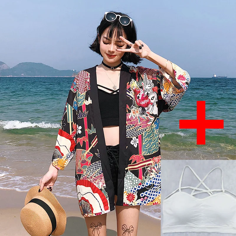 Yukata женский кимоно кардиган Япония Кимоно Одежда Азия летняя рубашка с принтом рыбы Топ повседневные кимоно Kawaii кимоно костюм для косплея - Color: coat tube tops 19.15