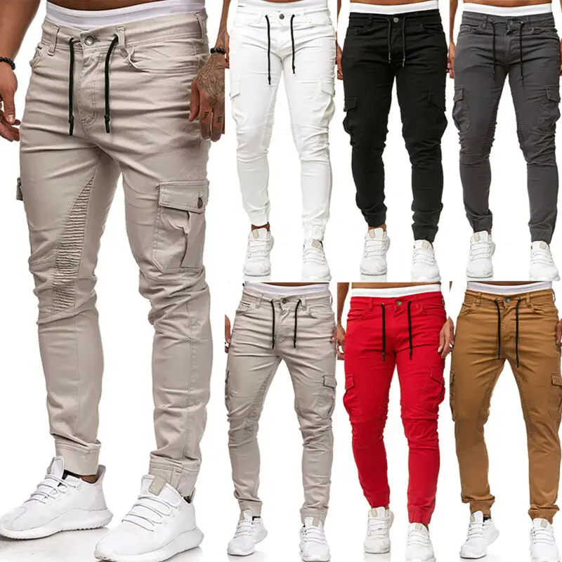 Mens Skinny Combat Cargo Pants Casual 