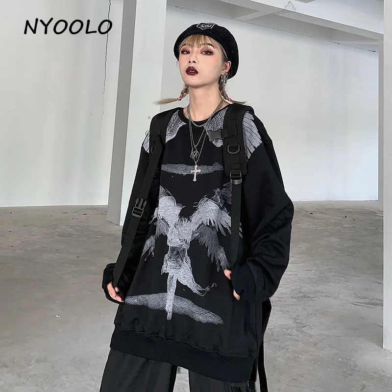 NYOOLO Harajuku стиль Винтаж Крылья девушка печати толстовка осень уличная свободная длинный рукав o-образным вырезом пуловеры Толстовка для женщин и мужчин