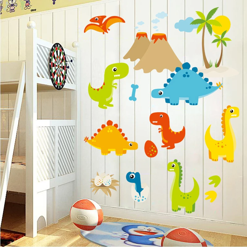 Cartoon Dinosaurs Wall Stickers For Kids Room Decoration 3d Cute Animals Wall Mural Art Diy Home Decals Pvc Posters mirror wall stickers