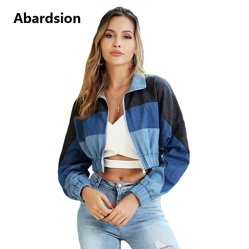 

Abardsion Women Crop Jacket Denim Autumn Coats 2019 Female Long Sleeve Zipper Parchwork Color Sexy Jeans Jackets