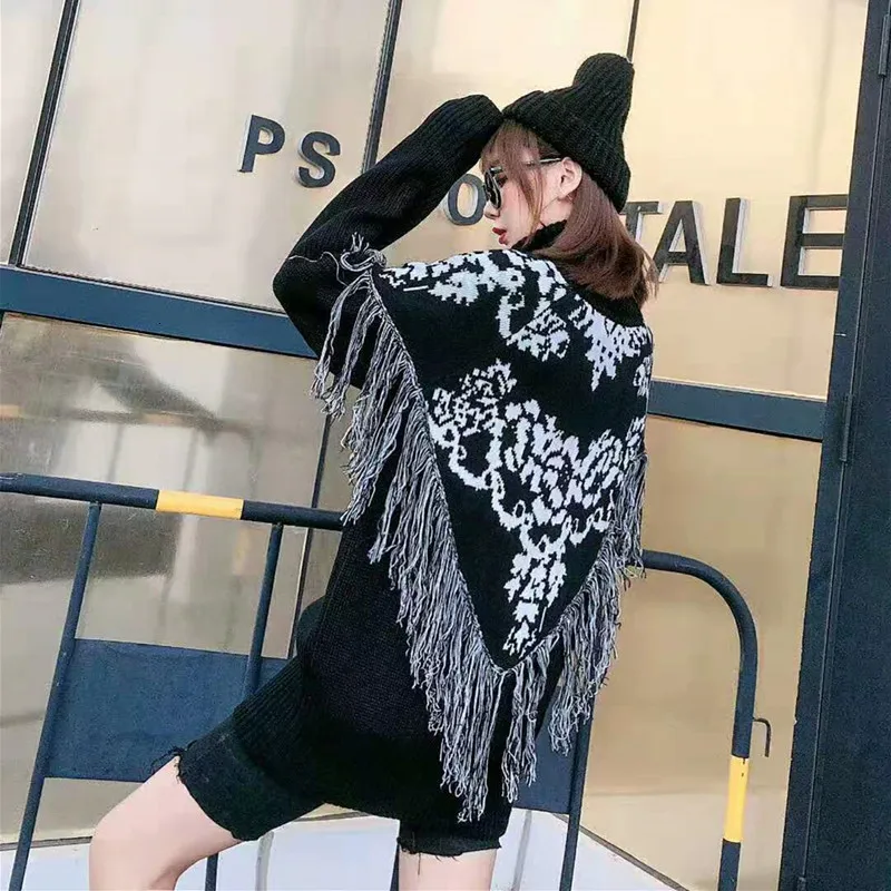 Пуловер с кисточками для девочек, женский свитер, цветочный зимний плотный свитер, Свободный вязаный свитер с высоким воротом, черный, серый, красный цвет, QYF1299