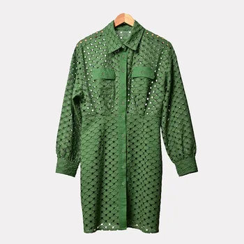 

2020 Women Green Dress Spring Summer Long Sleeve Turn-down Collar Round Hole Hollow Out Sexy Mini Dress With Double Pockets