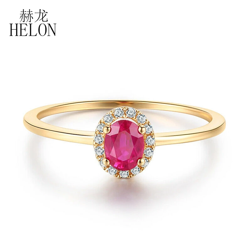 

HELON Solid 14K Yellow Gold AU585 Flawless Oval 4.5x3.5mm 0.4ct Ruby & Diamonds Wedding Engagement Ring Women Fashion Jewelry