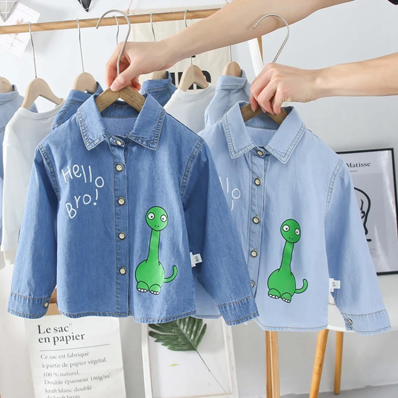 

Рубашка джинсовая для мальчиков и девочек, с длинным рукавом и отложным воротником