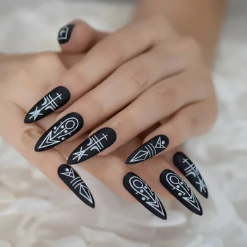 

Long Desigend Fake Nail Geometric Patterns Sharp Special Stiletto False Nails Cool Lady Punk Pointed Nail Tips
