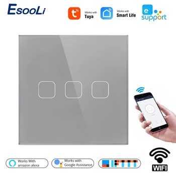 

Esooli EU Standard Work with Alexa Google Home Touch Switch Smart Home 220v Wall interruptor 3 Gang 1 Way wifi light switch