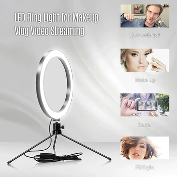 

6Inch Table LED Ring Light 3200-5600K 3 Colors 10 Levels Brightness Adjustable with Tripod Stand for Live Stream Makeup Portrait