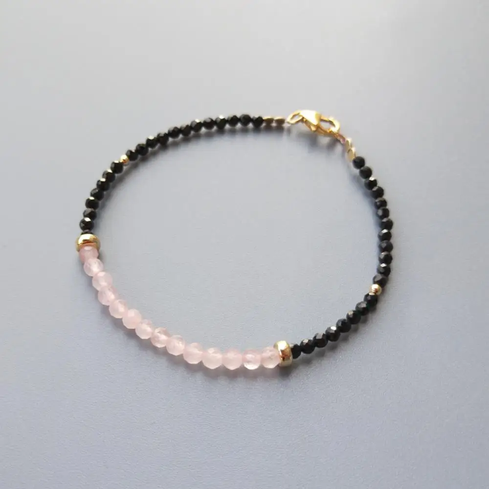 Lii Ji настоящий натуральный розовый кварц черная шпинель крошечные бусины браслет 9 к GF сверкающий нежный браслет ювелирные изделия