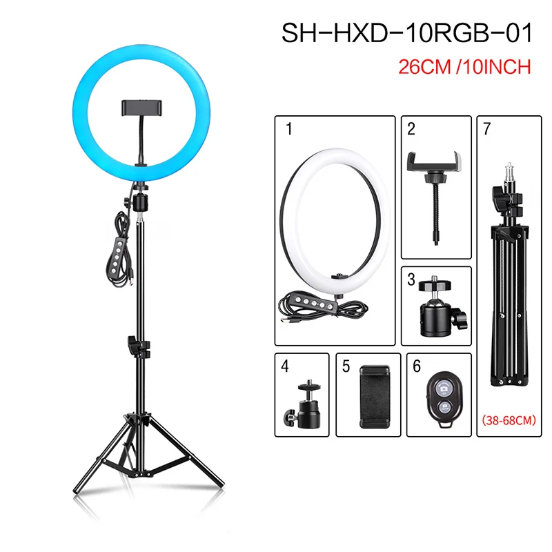 

SH 10inch/26cm RGB Ring Light With Tripod Stand Usb Charge Selfie Dimmable Video Ringlights Lamp For Live Video Streaming