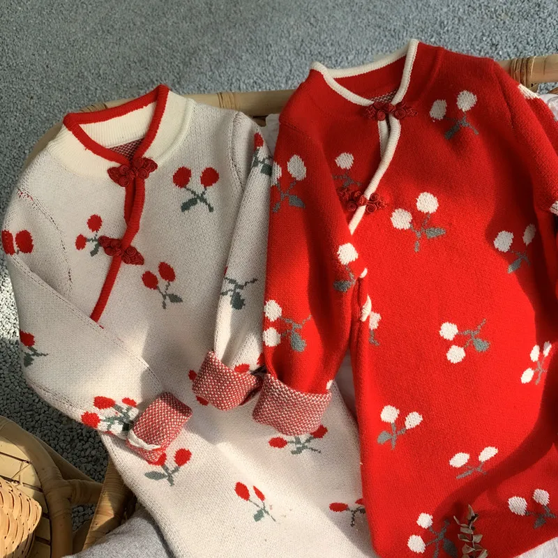 Г. Зимняя вязаная одежда для маленьких девочек; Чонсам в китайском стиле с вишневым узором; новогодняя Детская одежда; Толстый милый детский свитер; платья