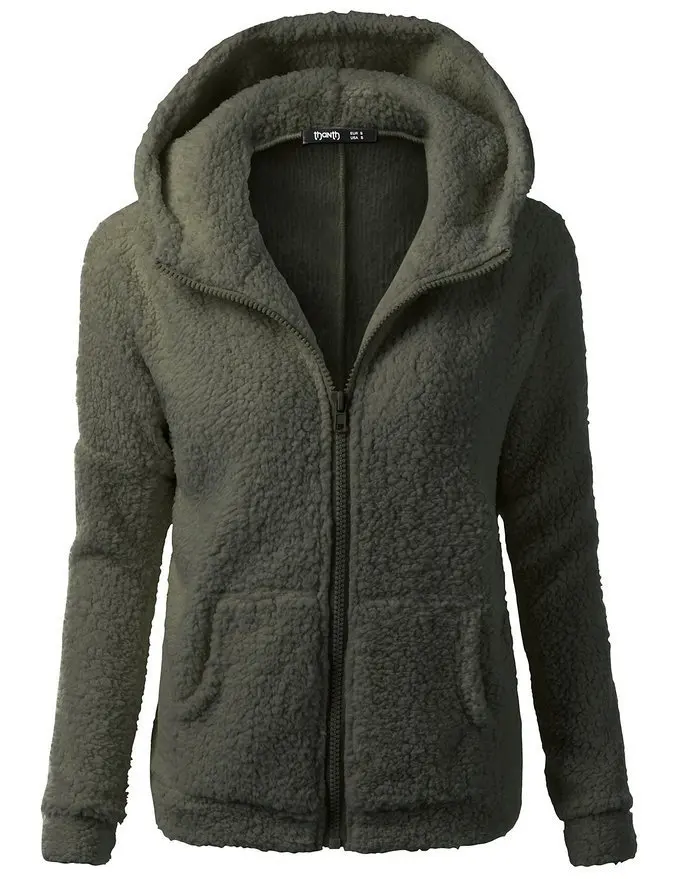 BKMGC, элегантное плюшевое пальто для женщин, Осень-зима, теплое, мягкое, с капюшоном, на молнии, Женская куртка, с карманами, Повседневная Верхняя одежда размера плюс S-5xl - Цвет: Армейский зеленый