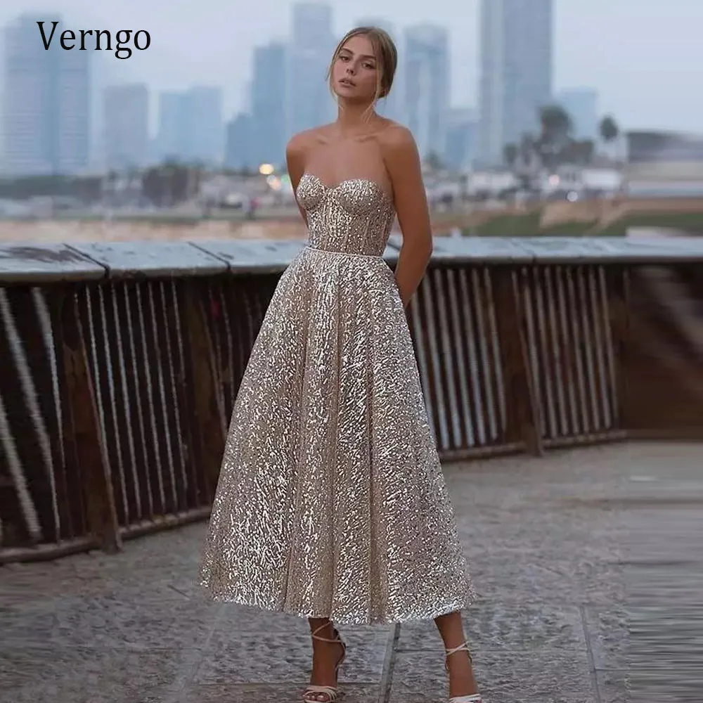 

Verngo New Glitter A Line Short Wedding Dress Sweetheart Backless Ankle Length Bridal Gowns Shiny 2021 Party Formal Dress
