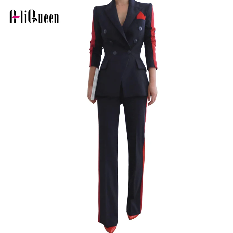 

High Quality Temperament Hit Color Striped Pant Suits for Women Autum 2019 Winter Office Slim Elegant Long Pant 2 Piece Set Suit