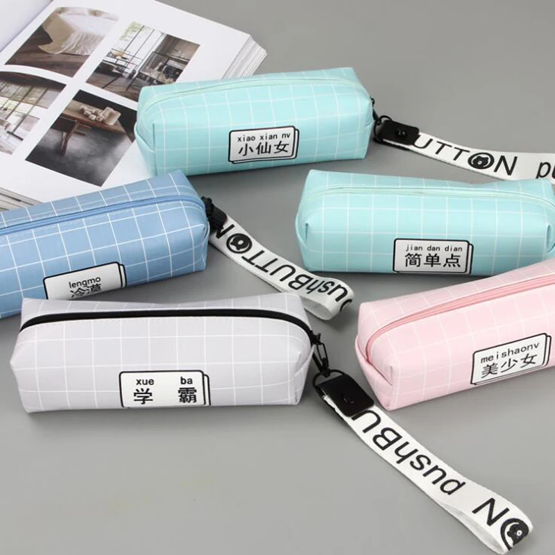 

1pc Kawaii Pencil Case Square Lanyard High Capacity PU Pen Bag Student Stationery Bag Multi-Function Storage Bag School Supplies