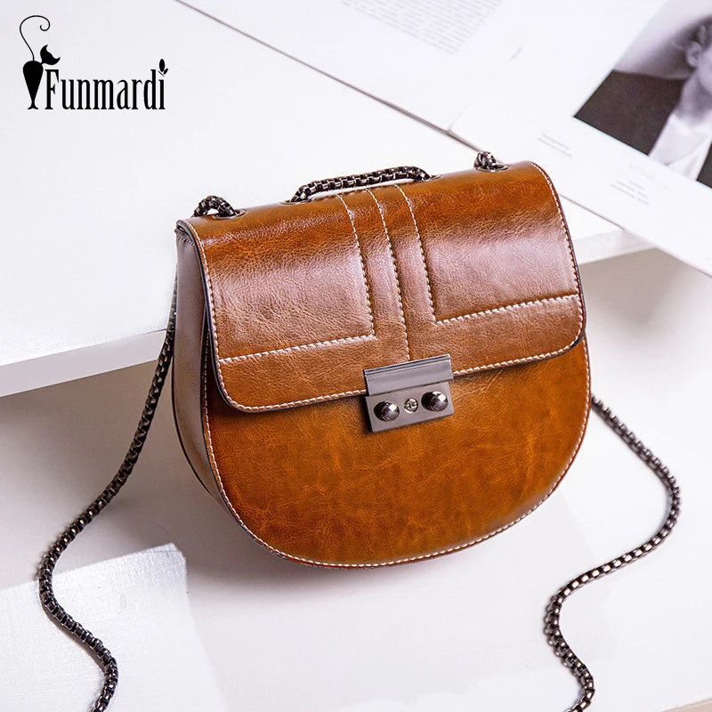 

FUNMARDI Fashion Saddle Bag Vintage Oil Wax Leather Crossbody Bags For Women Shoulder Bag Chain Designer Lock Small Bag WLHB2074