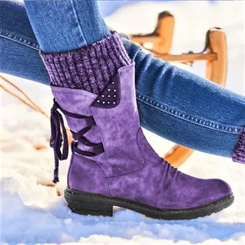 

Price Lowest with Best Quality and Free Gift - Women Boots winter autumn girls Flat Heel Boot Fashion Knitting Patchwork shoes