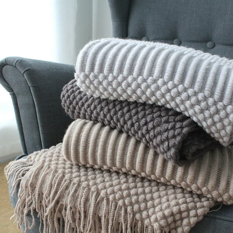 

Nordic Style Office Nap Shawl Knit Air Conditioner Blanket Cover Warm Tassel Solid Color Beds Sofa Blankets With Tassel