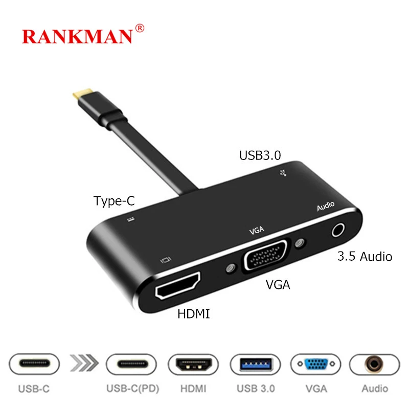 Адаптер Rankman Type C на 4K HDMI VGA USB 3 0 Aux для MacBook Nintendo Samsung S9 Dex Huawei P30 Dock xiaomi 10 TV