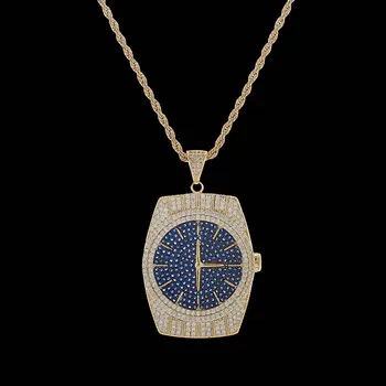 

MISSFOX Watch Pendant For Male Gold Blue Full Diamond Ice Out Fashion Vintage Street Hip Hop Necklace Jewelry Accessories Gift
